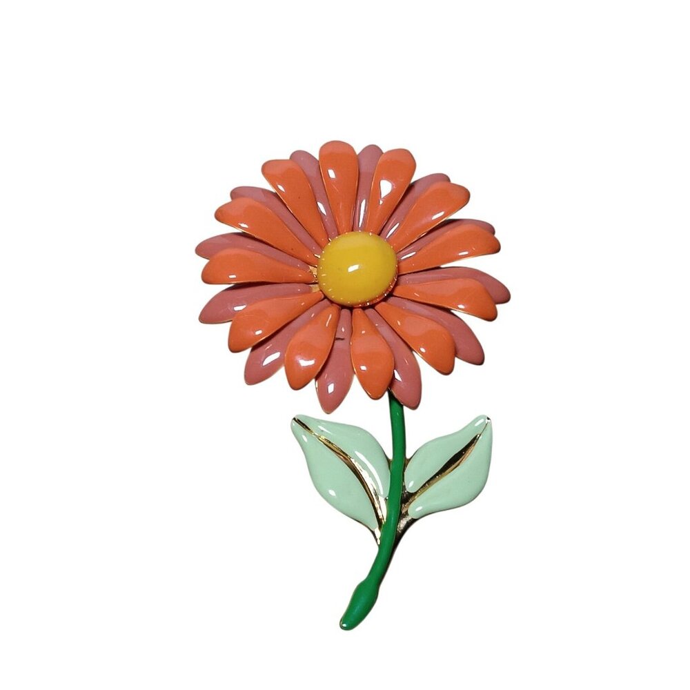 Vintage Estate Brooch Large Orange 4" Metal Flower Enameled